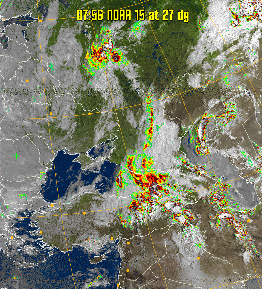 MSA-precip:
Same as MSA multispectral analysis, but high cold cloud tops are coloured the
same as the NO enhancement to give an approximate indication of the probability
and intensity of precipitation.