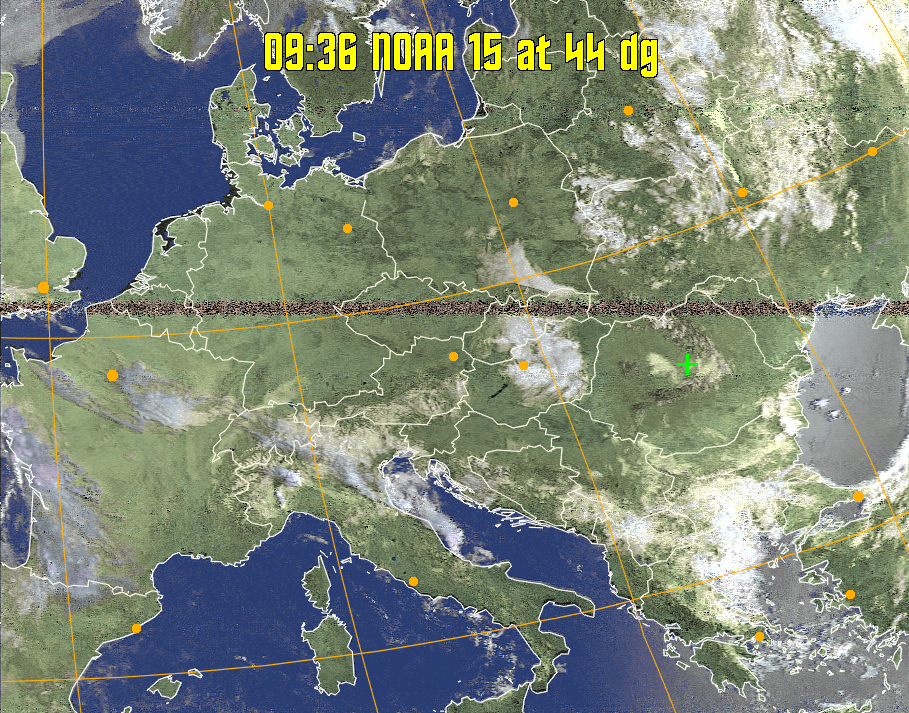HVCT:
Similar to HVC, but with blue water and with colours more indicative of
land temperatures.
HVC:
Creates a false colour image from NOAA APT images based on temperature using
the HVC colour model. Uses the temperature derived from the sensor 4 image to
select the hue and the brightness from the histogram equalised other image to
select the value and chroma. The HVC colour model attempts to ensure that different colours at the same value will appear to the eye to be the same brightness
and the spacing between colours representing each degree will appear to the eye to
be similar. Bright areas are completely unsaturated in this model.
