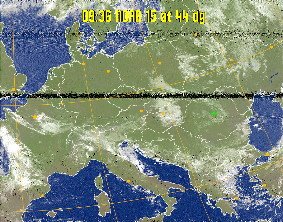 MCIR-precip: 
Colours the NOAA sensor 4 IR image using a map to colour the sea blue and land
green. High clouds appear white, lower clouds gray or land/sea coloured, clouds
generally appear lighter, but distinguishing between land/sea and low cloud may
be difficult. Darker colours indicate warmer regions.