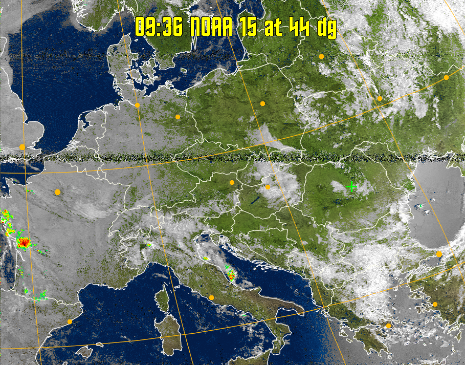MSA-precip:
Same as MSA multispectral analysis, but high cold cloud tops are coloured the
same as the NO enhancement to give an approximate indication of the probability
and intensity of precipitation.