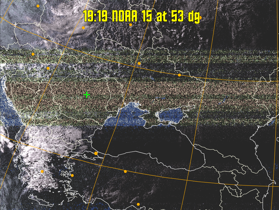 HVCT:
Similar to HVC, but with blue water and with colours more indicative of
land temperatures.
HVC:
Creates a false colour image from NOAA APT images based on temperature using
the HVC colour model. Uses the temperature derived from the sensor 4 image to
select the hue and the brightness from the histogram equalised other image to
select the value and chroma. The HVC colour model attempts to ensure that different colours at the same value will appear to the eye to be the same brightness
and the spacing between colours representing each degree will appear to the eye to
be similar. Bright areas are completely unsaturated in this model.