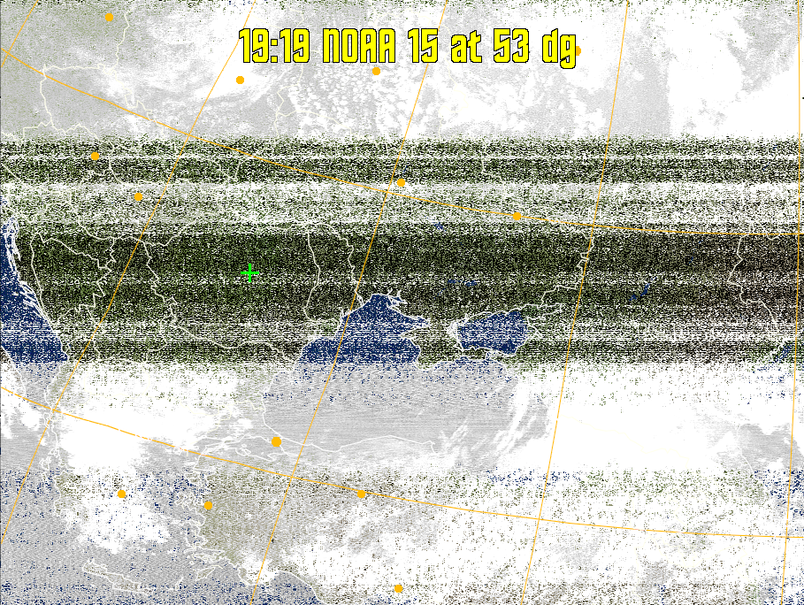 MCIR-precip: 
Colours the NOAA sensor 4 IR image using a map to colour the sea blue and land
green. High clouds appear white, lower clouds gray or land/sea coloured, clouds
generally appear lighter, but distinguishing between land/sea and low cloud may
be difficult. Darker colours indicate warmer regions.
