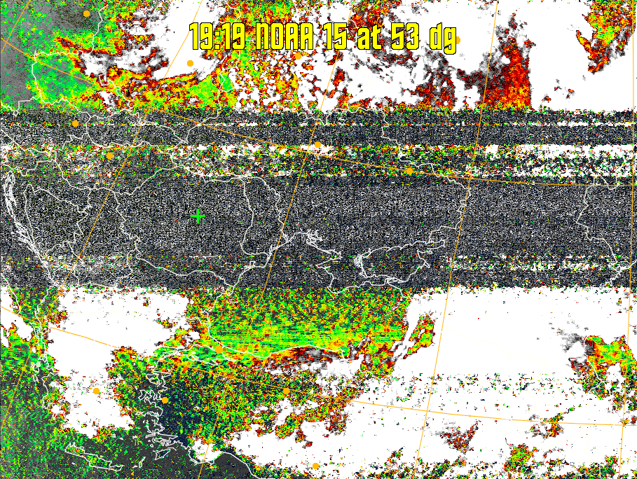MSA-precip:
Same as MSA multispectral analysis, but high cold cloud tops are coloured the
same as the NO enhancement to give an approximate indication of the probability
and intensity of precipitation.