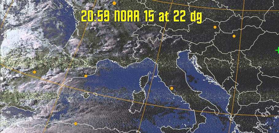 HVCT:
Similar to HVC, but with blue water and with colours more indicative of
land temperatures.
HVC:
Creates a false colour image from NOAA APT images based on temperature using
the HVC colour model. Uses the temperature derived from the sensor 4 image to
select the hue and the brightness from the histogram equalised other image to
select the value and chroma. The HVC colour model attempts to ensure that different colours at the same value will appear to the eye to be the same brightness
and the spacing between colours representing each degree will appear to the eye to
be similar. Bright areas are completely unsaturated in this model.
