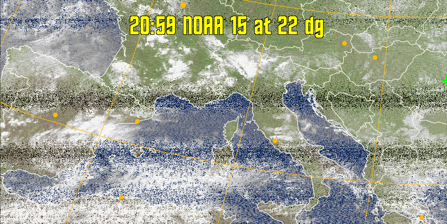 MCIR-precip: 
Colours the NOAA sensor 4 IR image using a map to colour the sea blue and land
green. High clouds appear white, lower clouds gray or land/sea coloured, clouds
generally appear lighter, but distinguishing between land/sea and low cloud may
be difficult. Darker colours indicate warmer regions.