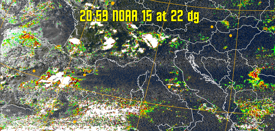 MSA-precip:
Same as MSA multispectral analysis, but high cold cloud tops are coloured the
same as the NO enhancement to give an approximate indication of the probability
and intensity of precipitation.