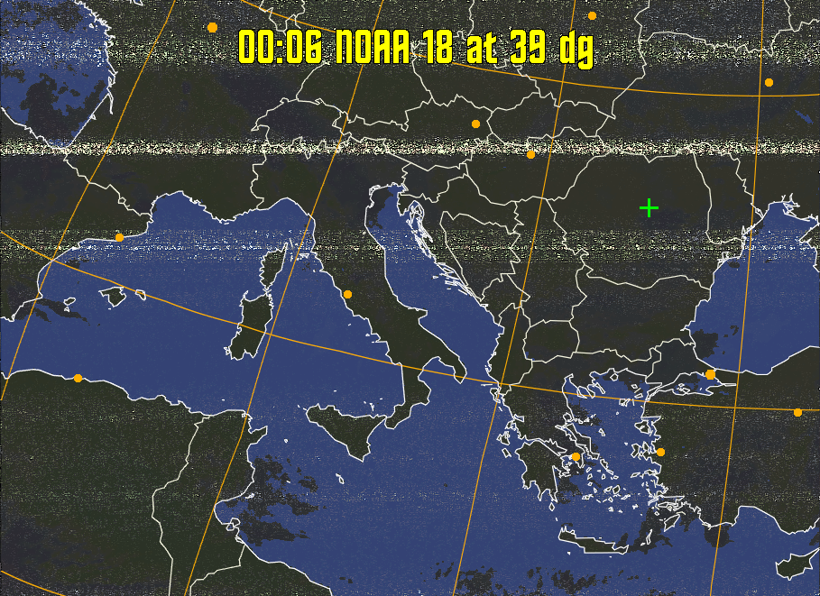HVCT:
Similar to HVC, but with blue water and with colours more indicative of
land temperatures.
HVC:
Creates a false colour image from NOAA APT images based on temperature using
the HVC colour model. Uses the temperature derived from the sensor 4 image to
select the hue and the brightness from the histogram equalised other image to
select the value and chroma. The HVC colour model attempts to ensure that different colours at the same value will appear to the eye to be the same brightness
and the spacing between colours representing each degree will appear to the eye to
be similar. Bright areas are completely unsaturated in this model.