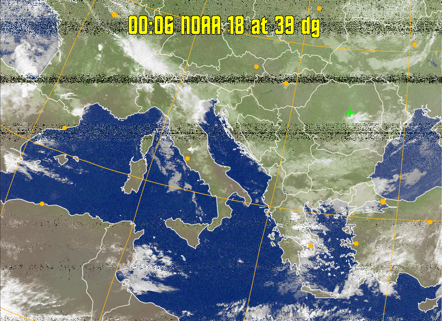MCIR-precip: 
Colours the NOAA sensor 4 IR image using a map to colour the sea blue and land
green. High clouds appear white, lower clouds gray or land/sea coloured, clouds
generally appear lighter, but distinguishing between land/sea and low cloud may
be difficult. Darker colours indicate warmer regions.