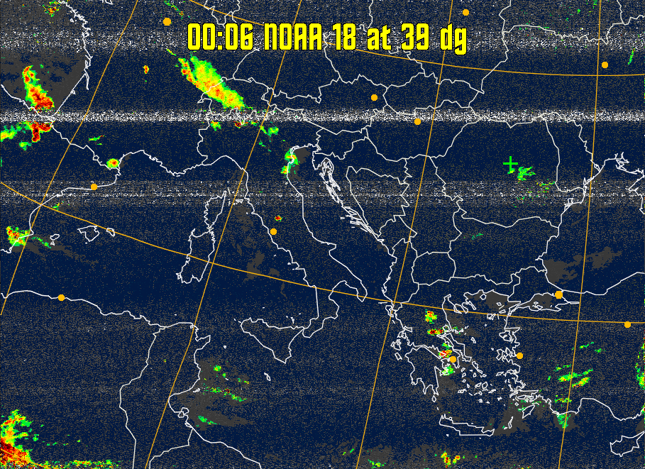 MSA-precip:
Same as MSA multispectral analysis, but high cold cloud tops are coloured the
same as the NO enhancement to give an approximate indication of the probability
and intensity of precipitation.