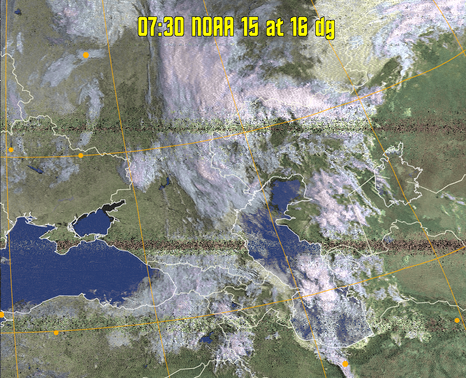 HVCT:
Similar to HVC, but with blue water and with colours more indicative of
land temperatures.
HVC:
Creates a false colour image from NOAA APT images based on temperature using
the HVC colour model. Uses the temperature derived from the sensor 4 image to
select the hue and the brightness from the histogram equalised other image to
select the value and chroma. The HVC colour model attempts to ensure that different colours at the same value will appear to the eye to be the same brightness
and the spacing between colours representing each degree will appear to the eye to
be similar. Bright areas are completely unsaturated in this model.