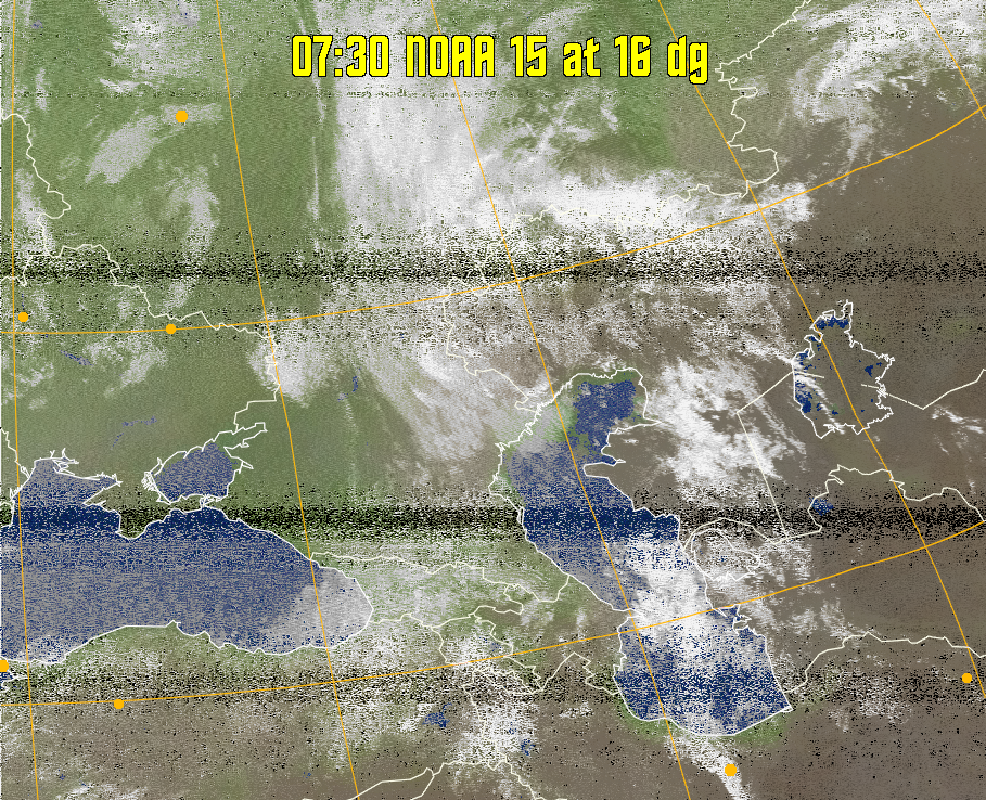 MCIR-precip: 
Colours the NOAA sensor 4 IR image using a map to colour the sea blue and land
green. High clouds appear white, lower clouds gray or land/sea coloured, clouds
generally appear lighter, but distinguishing between land/sea and low cloud may
be difficult. Darker colours indicate warmer regions.