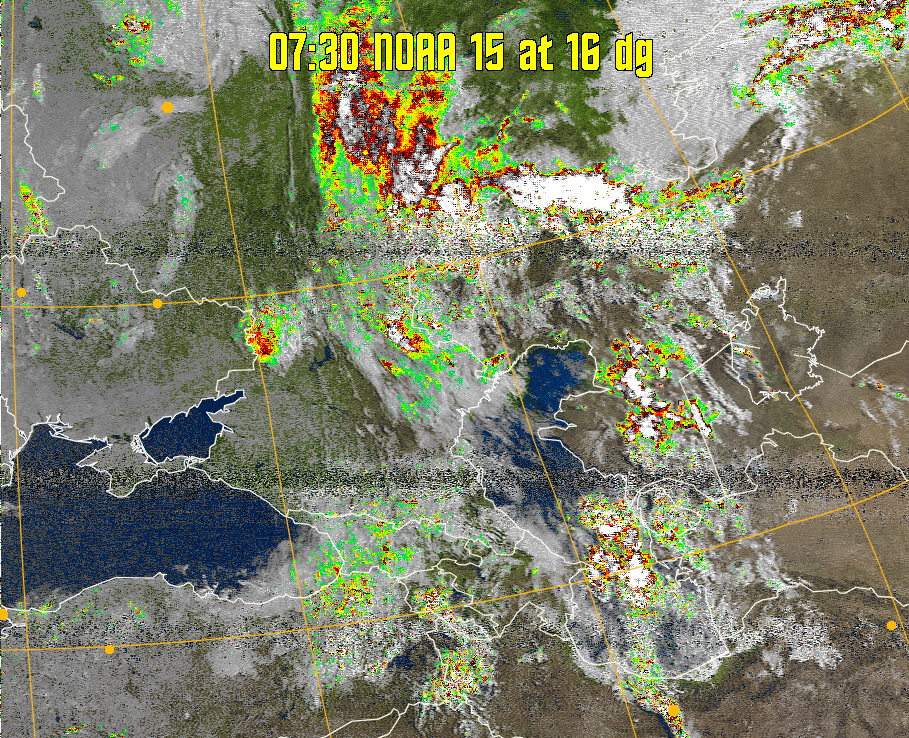 MSA-precip:
Same as MSA multispectral analysis, but high cold cloud tops are coloured the
same as the NO enhancement to give an approximate indication of the probability
and intensity of precipitation.