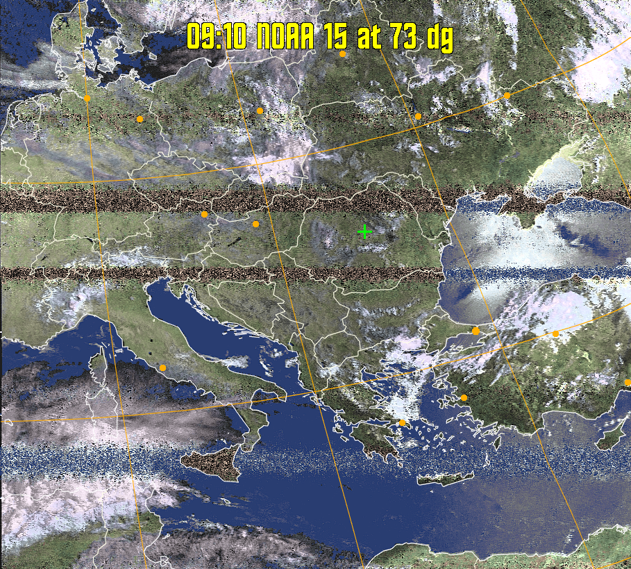 HVCT:
Similar to HVC, but with blue water and with colours more indicative of
land temperatures.
HVC:
Creates a false colour image from NOAA APT images based on temperature using
the HVC colour model. Uses the temperature derived from the sensor 4 image to
select the hue and the brightness from the histogram equalised other image to
select the value and chroma. The HVC colour model attempts to ensure that different colours at the same value will appear to the eye to be the same brightness
and the spacing between colours representing each degree will appear to the eye to
be similar. Bright areas are completely unsaturated in this model.
