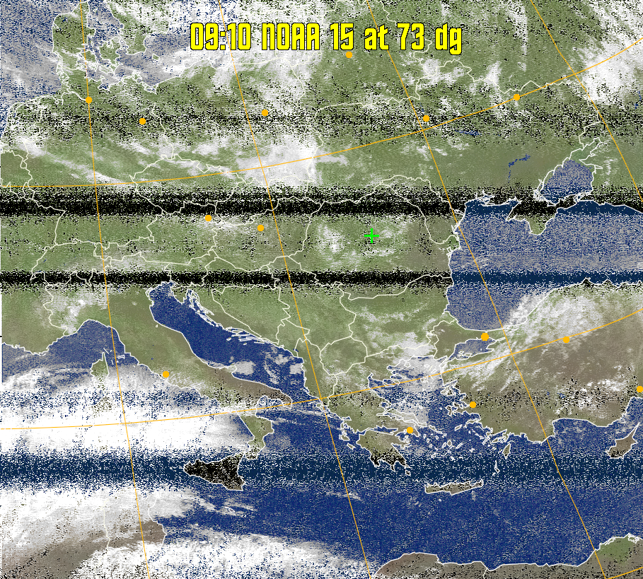 MCIR-precip: 
Colours the NOAA sensor 4 IR image using a map to colour the sea blue and land
green. High clouds appear white, lower clouds gray or land/sea coloured, clouds
generally appear lighter, but distinguishing between land/sea and low cloud may
be difficult. Darker colours indicate warmer regions.
