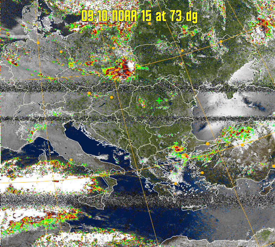 MSA-precip:
Same as MSA multispectral analysis, but high cold cloud tops are coloured the
same as the NO enhancement to give an approximate indication of the probability
and intensity of precipitation.