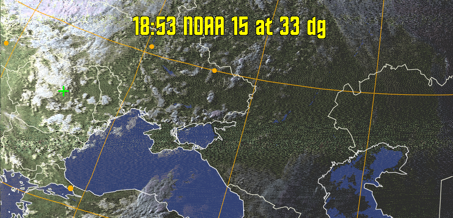 HVCT:
Similar to HVC, but with blue water and with colours more indicative of
land temperatures.
HVC:
Creates a false colour image from NOAA APT images based on temperature using
the HVC colour model. Uses the temperature derived from the sensor 4 image to
select the hue and the brightness from the histogram equalised other image to
select the value and chroma. The HVC colour model attempts to ensure that different colours at the same value will appear to the eye to be the same brightness
and the spacing between colours representing each degree will appear to the eye to
be similar. Bright areas are completely unsaturated in this model.