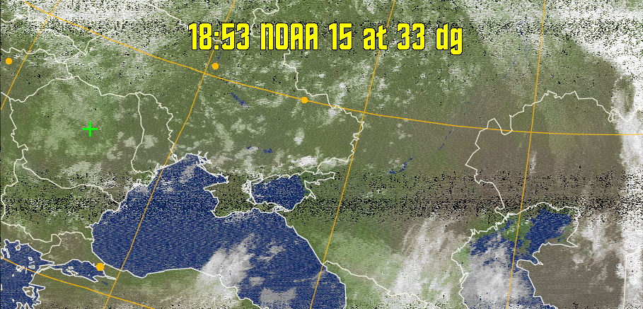 MCIR-precip: 
Colours the NOAA sensor 4 IR image using a map to colour the sea blue and land
green. High clouds appear white, lower clouds gray or land/sea coloured, clouds
generally appear lighter, but distinguishing between land/sea and low cloud may
be difficult. Darker colours indicate warmer regions.