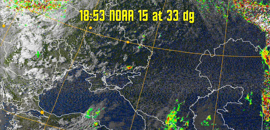 MSA-precip:
Same as MSA multispectral analysis, but high cold cloud tops are coloured the
same as the NO enhancement to give an approximate indication of the probability
and intensity of precipitation.