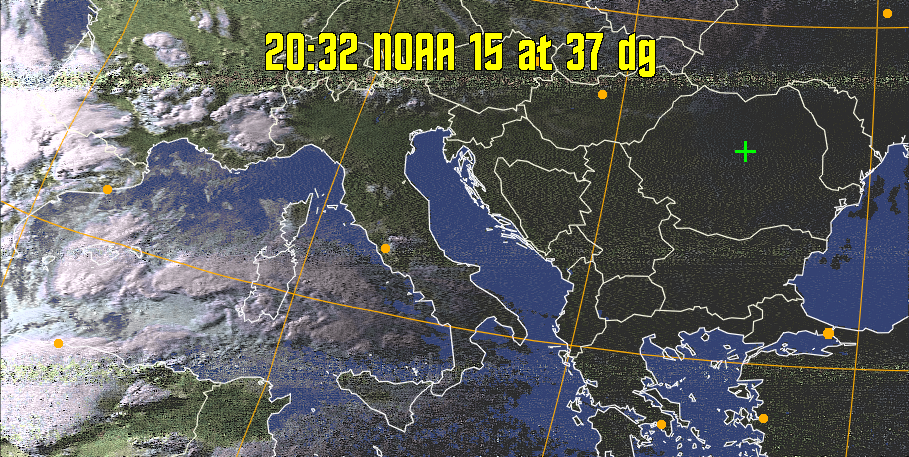 HVCT:
Similar to HVC, but with blue water and with colours more indicative of
land temperatures.
HVC:
Creates a false colour image from NOAA APT images based on temperature using
the HVC colour model. Uses the temperature derived from the sensor 4 image to
select the hue and the brightness from the histogram equalised other image to
select the value and chroma. The HVC colour model attempts to ensure that different colours at the same value will appear to the eye to be the same brightness
and the spacing between colours representing each degree will appear to the eye to
be similar. Bright areas are completely unsaturated in this model.