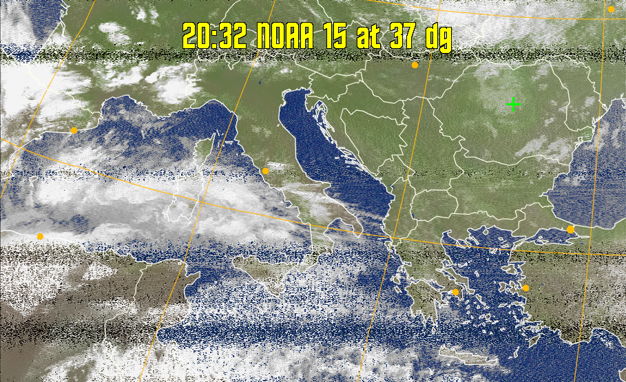 MCIR-precip: 
Colours the NOAA sensor 4 IR image using a map to colour the sea blue and land
green. High clouds appear white, lower clouds gray or land/sea coloured, clouds
generally appear lighter, but distinguishing between land/sea and low cloud may
be difficult. Darker colours indicate warmer regions.
