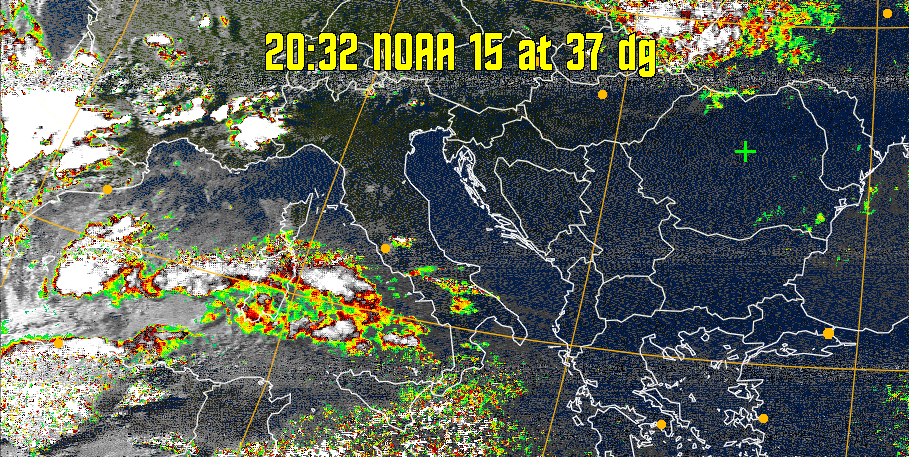 MSA-precip:
Same as MSA multispectral analysis, but high cold cloud tops are coloured the
same as the NO enhancement to give an approximate indication of the probability
and intensity of precipitation.