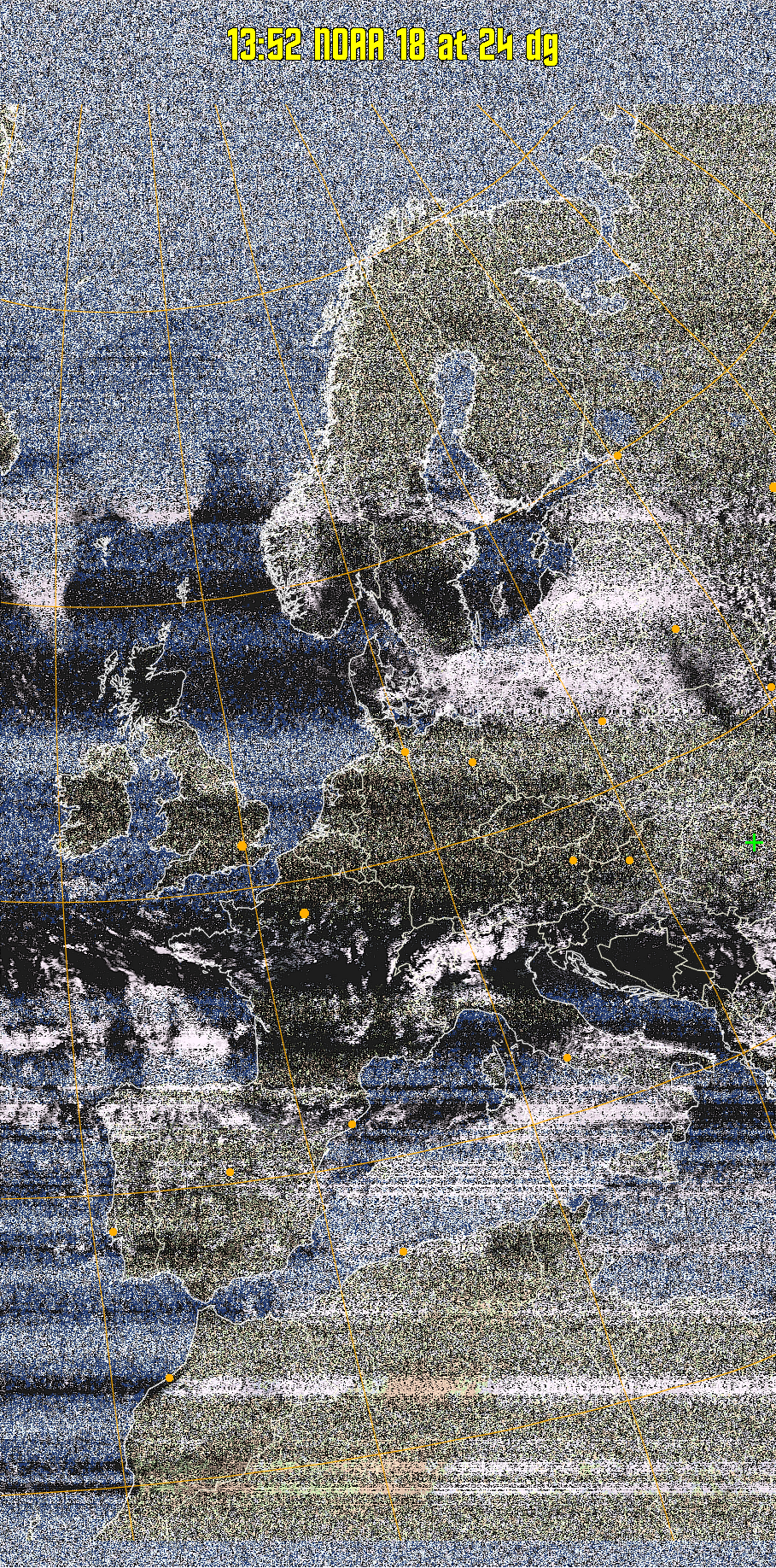 HVCT:
Similar to HVC, but with blue water and with colours more indicative of
land temperatures.
HVC:
Creates a false colour image from NOAA APT images based on temperature using
the HVC colour model. Uses the temperature derived from the sensor 4 image to
select the hue and the brightness from the histogram equalised other image to
select the value and chroma. The HVC colour model attempts to ensure that different colours at the same value will appear to the eye to be the same brightness
and the spacing between colours representing each degree will appear to the eye to
be similar. Bright areas are completely unsaturated in this model.