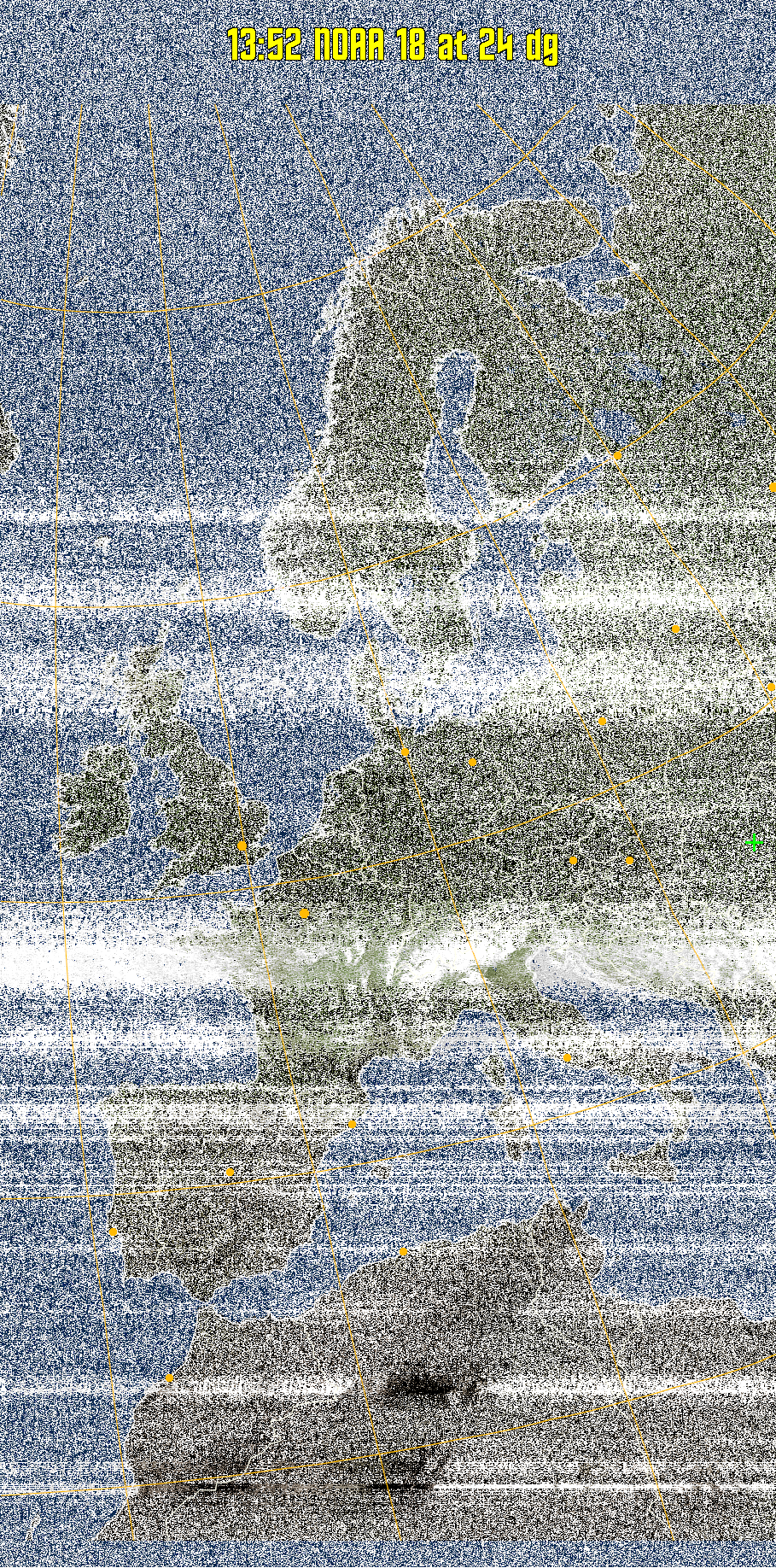 MCIR-precip: 
Colours the NOAA sensor 4 IR image using a map to colour the sea blue and land
green. High clouds appear white, lower clouds gray or land/sea coloured, clouds
generally appear lighter, but distinguishing between land/sea and low cloud may
be difficult. Darker colours indicate warmer regions.