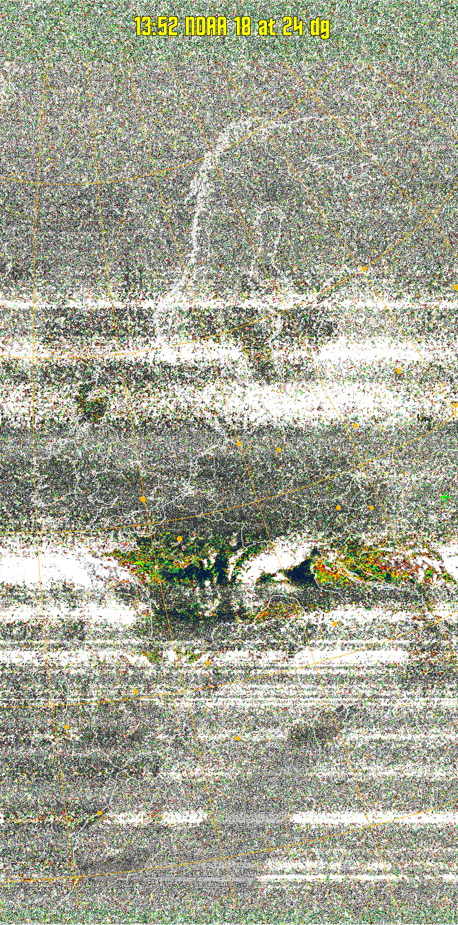 MSA-precip:
Same as MSA multispectral analysis, but high cold cloud tops are coloured the
same as the NO enhancement to give an approximate indication of the probability
and intensity of precipitation.
