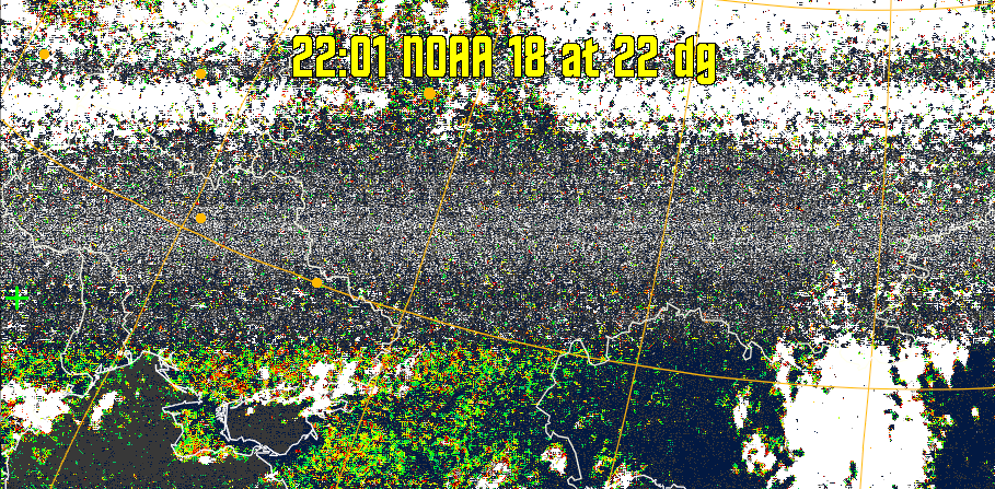 MSA-precip:
Same as MSA multispectral analysis, but high cold cloud tops are coloured the
same as the NO enhancement to give an approximate indication of the probability
and intensity of precipitation.