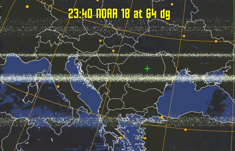 HVCT:
Similar to HVC, but with blue water and with colours more indicative of
land temperatures.
HVC:
Creates a false colour image from NOAA APT images based on temperature using
the HVC colour model. Uses the temperature derived from the sensor 4 image to
select the hue and the brightness from the histogram equalised other image to
select the value and chroma. The HVC colour model attempts to ensure that different colours at the same value will appear to the eye to be the same brightness
and the spacing between colours representing each degree will appear to the eye to
be similar. Bright areas are completely unsaturated in this model.