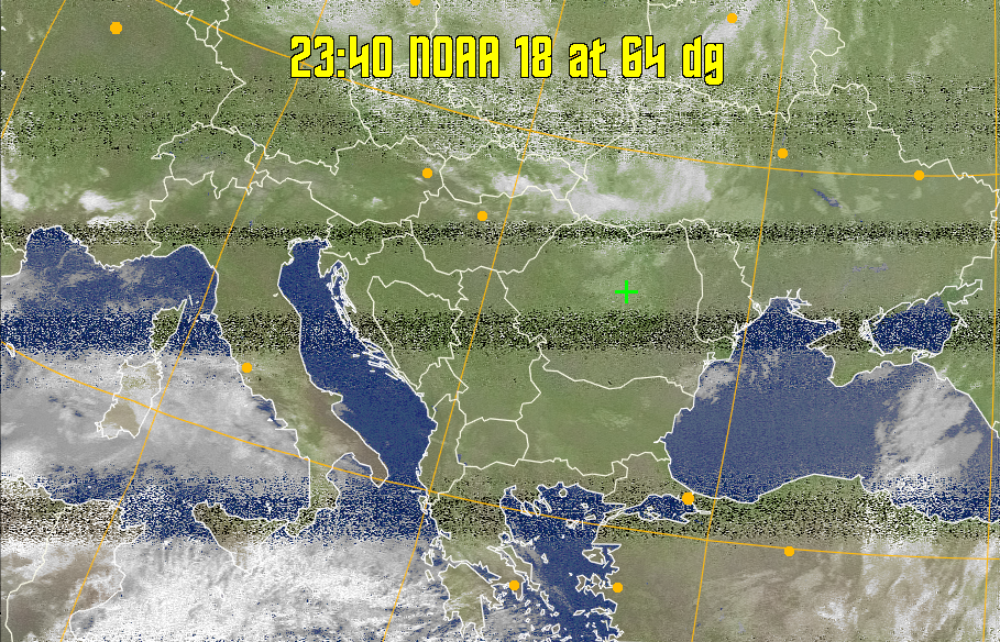 MCIR-precip: 
Colours the NOAA sensor 4 IR image using a map to colour the sea blue and land
green. High clouds appear white, lower clouds gray or land/sea coloured, clouds
generally appear lighter, but distinguishing between land/sea and low cloud may
be difficult. Darker colours indicate warmer regions.