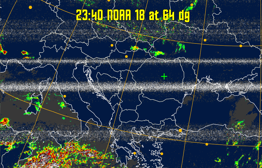 MSA-precip:
Same as MSA multispectral analysis, but high cold cloud tops are coloured the
same as the NO enhancement to give an approximate indication of the probability
and intensity of precipitation.