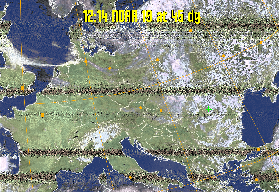 HVCT:
Similar to HVC, but with blue water and with colours more indicative of
land temperatures.
HVC:
Creates a false colour image from NOAA APT images based on temperature using
the HVC colour model. Uses the temperature derived from the sensor 4 image to
select the hue and the brightness from the histogram equalised other image to
select the value and chroma. The HVC colour model attempts to ensure that different colours at the same value will appear to the eye to be the same brightness
and the spacing between colours representing each degree will appear to the eye to
be similar. Bright areas are completely unsaturated in this model.