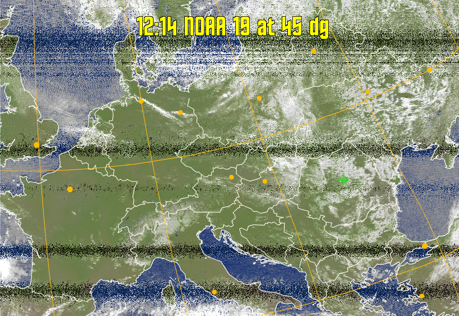 MCIR-precip: 
Colours the NOAA sensor 4 IR image using a map to colour the sea blue and land
green. High clouds appear white, lower clouds gray or land/sea coloured, clouds
generally appear lighter, but distinguishing between land/sea and low cloud may
be difficult. Darker colours indicate warmer regions.