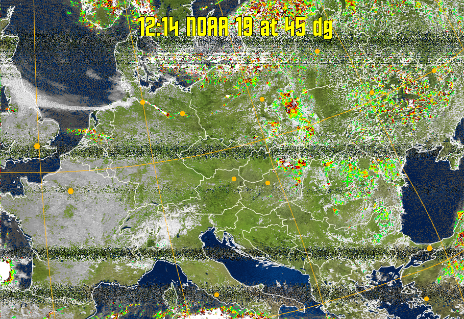 MSA-precip:
Same as MSA multispectral analysis, but high cold cloud tops are coloured the
same as the NO enhancement to give an approximate indication of the probability
and intensity of precipitation.