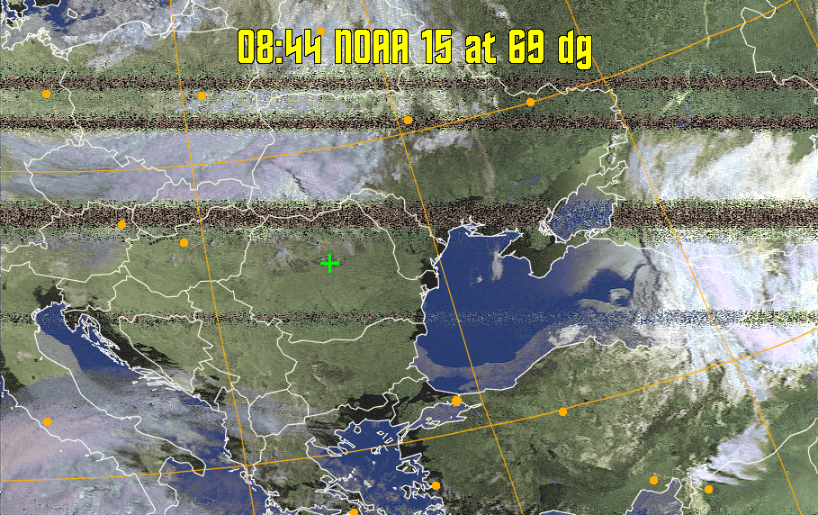 HVCT:
Similar to HVC, but with blue water and with colours more indicative of
land temperatures.
HVC:
Creates a false colour image from NOAA APT images based on temperature using
the HVC colour model. Uses the temperature derived from the sensor 4 image to
select the hue and the brightness from the histogram equalised other image to
select the value and chroma. The HVC colour model attempts to ensure that different colours at the same value will appear to the eye to be the same brightness
and the spacing between colours representing each degree will appear to the eye to
be similar. Bright areas are completely unsaturated in this model.