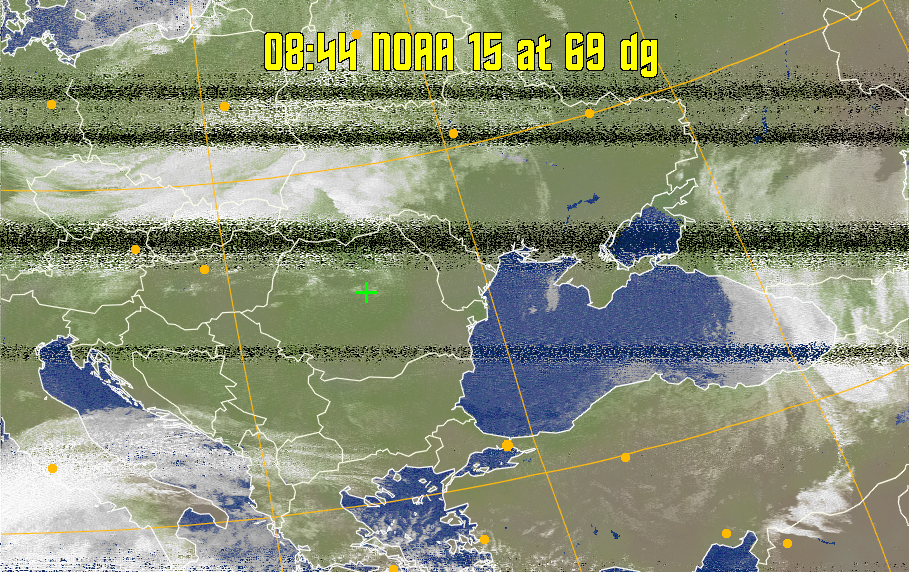 MCIR-precip: 
Colours the NOAA sensor 4 IR image using a map to colour the sea blue and land
green. High clouds appear white, lower clouds gray or land/sea coloured, clouds
generally appear lighter, but distinguishing between land/sea and low cloud may
be difficult. Darker colours indicate warmer regions.