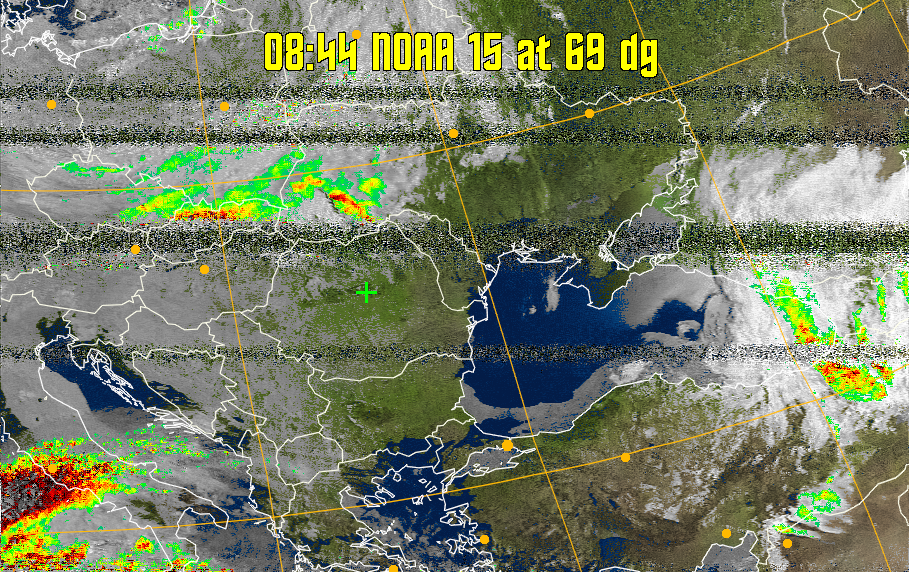 MSA-precip:
Same as MSA multispectral analysis, but high cold cloud tops are coloured the
same as the NO enhancement to give an approximate indication of the probability
and intensity of precipitation.