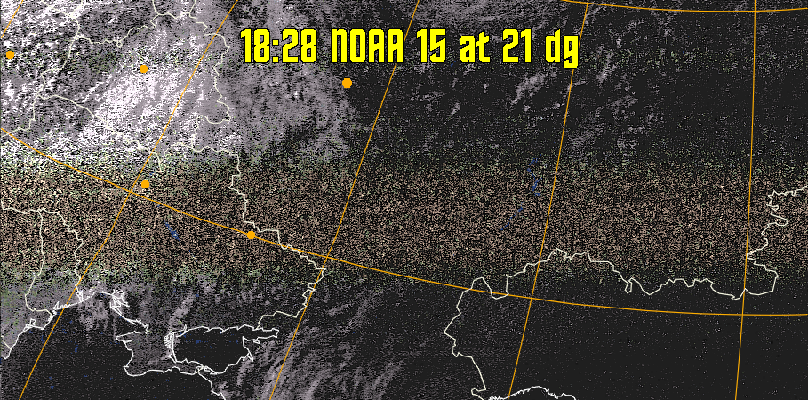 HVCT:
Similar to HVC, but with blue water and with colours more indicative of
land temperatures.
HVC:
Creates a false colour image from NOAA APT images based on temperature using
the HVC colour model. Uses the temperature derived from the sensor 4 image to
select the hue and the brightness from the histogram equalised other image to
select the value and chroma. The HVC colour model attempts to ensure that different colours at the same value will appear to the eye to be the same brightness
and the spacing between colours representing each degree will appear to the eye to
be similar. Bright areas are completely unsaturated in this model.