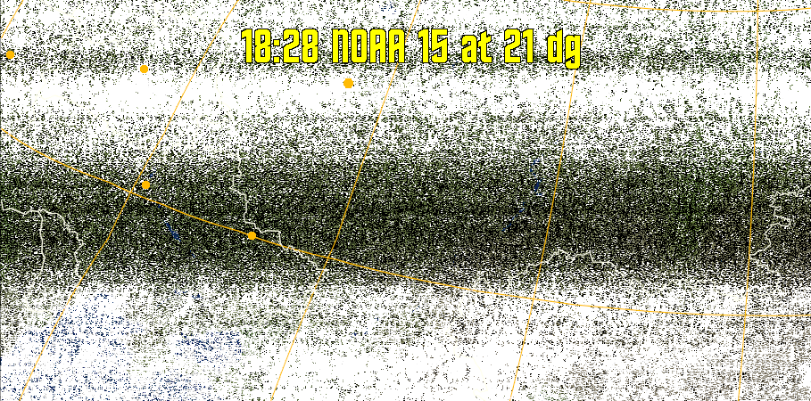MCIR-precip: 
Colours the NOAA sensor 4 IR image using a map to colour the sea blue and land
green. High clouds appear white, lower clouds gray or land/sea coloured, clouds
generally appear lighter, but distinguishing between land/sea and low cloud may
be difficult. Darker colours indicate warmer regions.