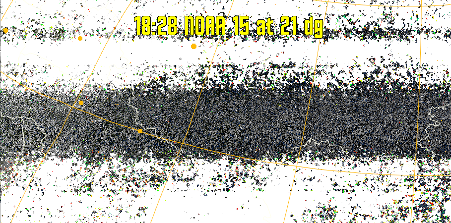 MSA-precip:
Same as MSA multispectral analysis, but high cold cloud tops are coloured the
same as the NO enhancement to give an approximate indication of the probability
and intensity of precipitation.