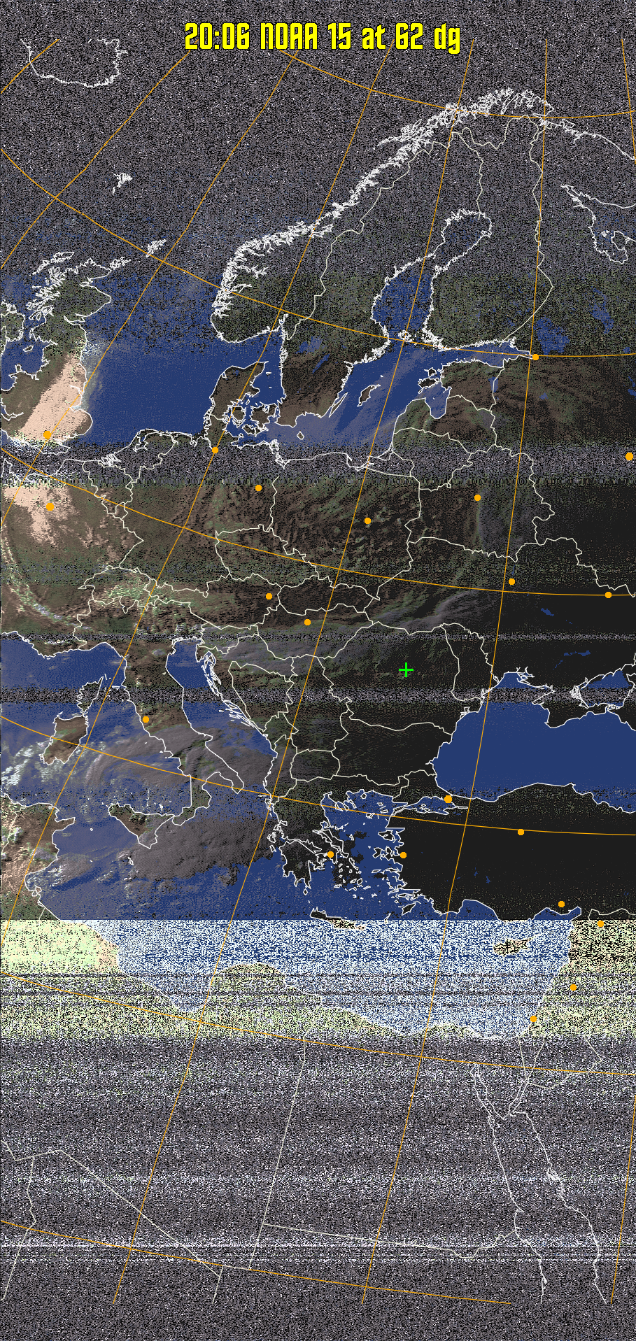 HVCT:
Similar to HVC, but with blue water and with colours more indicative of
land temperatures.
HVC:
Creates a false colour image from NOAA APT images based on temperature using
the HVC colour model. Uses the temperature derived from the sensor 4 image to
select the hue and the brightness from the histogram equalised other image to
select the value and chroma. The HVC colour model attempts to ensure that different colours at the same value will appear to the eye to be the same brightness
and the spacing between colours representing each degree will appear to the eye to
be similar. Bright areas are completely unsaturated in this model.