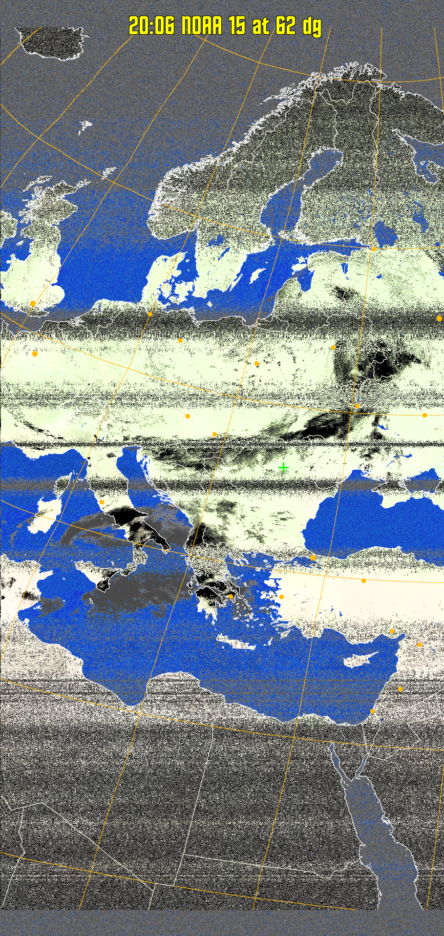 MCIR-precip: 
Colours the NOAA sensor 4 IR image using a map to colour the sea blue and land
green. High clouds appear white, lower clouds gray or land/sea coloured, clouds
generally appear lighter, but distinguishing between land/sea and low cloud may
be difficult. Darker colours indicate warmer regions.