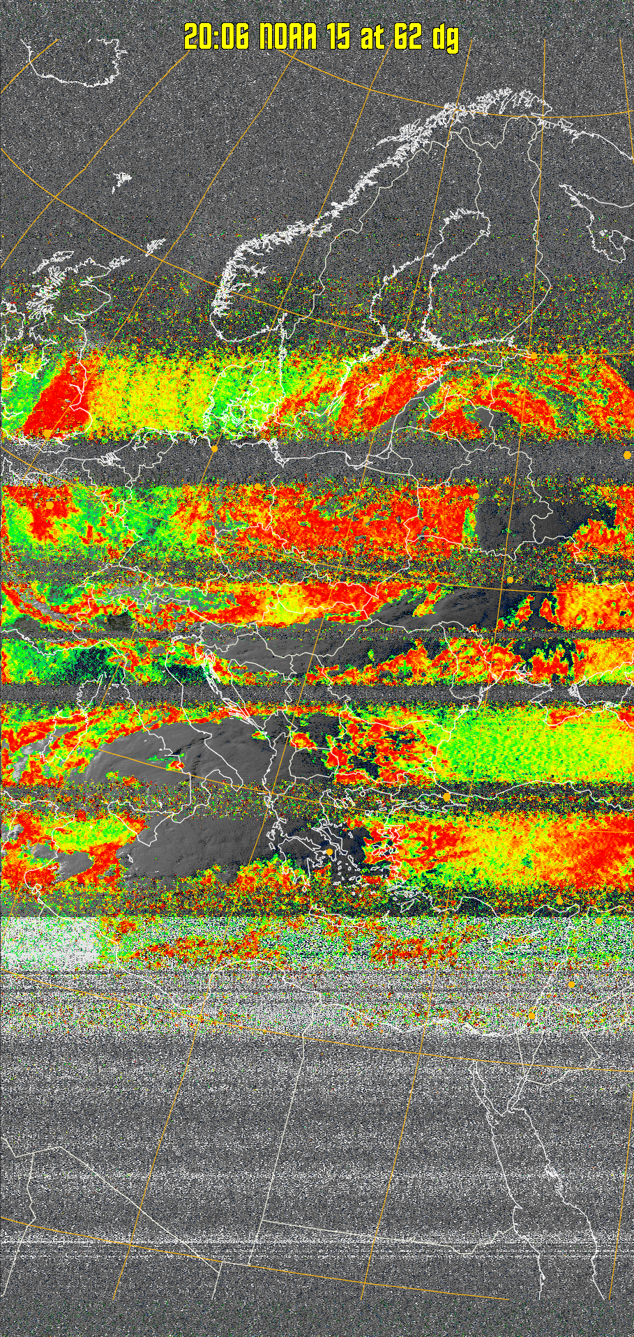 MSA-precip:
Same as MSA multispectral analysis, but high cold cloud tops are coloured the
same as the NO enhancement to give an approximate indication of the probability
and intensity of precipitation.