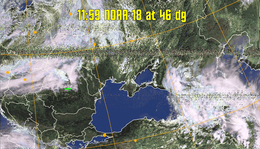 HVCT:
Similar to HVC, but with blue water and with colours more indicative of
land temperatures.
HVC:
Creates a false colour image from NOAA APT images based on temperature using
the HVC colour model. Uses the temperature derived from the sensor 4 image to
select the hue and the brightness from the histogram equalised other image to
select the value and chroma. The HVC colour model attempts to ensure that different colours at the same value will appear to the eye to be the same brightness
and the spacing between colours representing each degree will appear to the eye to
be similar. Bright areas are completely unsaturated in this model.