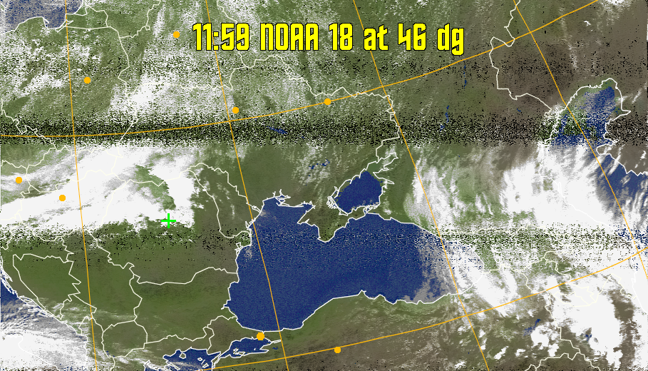 MCIR-precip: 
Colours the NOAA sensor 4 IR image using a map to colour the sea blue and land
green. High clouds appear white, lower clouds gray or land/sea coloured, clouds
generally appear lighter, but distinguishing between land/sea and low cloud may
be difficult. Darker colours indicate warmer regions.