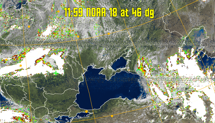 MSA-precip:
Same as MSA multispectral analysis, but high cold cloud tops are coloured the
same as the NO enhancement to give an approximate indication of the probability
and intensity of precipitation.