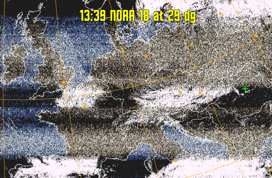 HVCT:
Similar to HVC, but with blue water and with colours more indicative of
land temperatures.
HVC:
Creates a false colour image from NOAA APT images based on temperature using
the HVC colour model. Uses the temperature derived from the sensor 4 image to
select the hue and the brightness from the histogram equalised other image to
select the value and chroma. The HVC colour model attempts to ensure that different colours at the same value will appear to the eye to be the same brightness
and the spacing between colours representing each degree will appear to the eye to
be similar. Bright areas are completely unsaturated in this model.