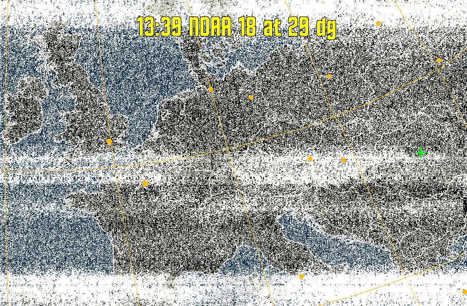 MCIR-precip: 
Colours the NOAA sensor 4 IR image using a map to colour the sea blue and land
green. High clouds appear white, lower clouds gray or land/sea coloured, clouds
generally appear lighter, but distinguishing between land/sea and low cloud may
be difficult. Darker colours indicate warmer regions.