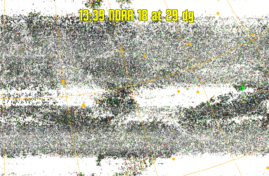 MSA-precip:
Same as MSA multispectral analysis, but high cold cloud tops are coloured the
same as the NO enhancement to give an approximate indication of the probability
and intensity of precipitation.